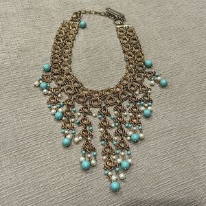 NWT Chicos Amazing Showgirl Style Bib Necklace Pearl Beads Chain Links Gold-tone